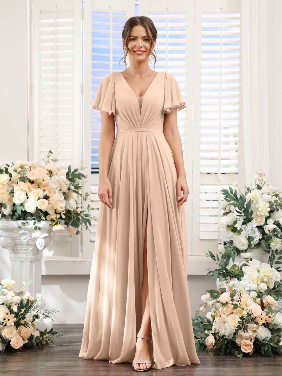 A-Line Deep V-Neck Short Sleeves Split Side Chiffon Bridesmaid Dresses Peach Pink