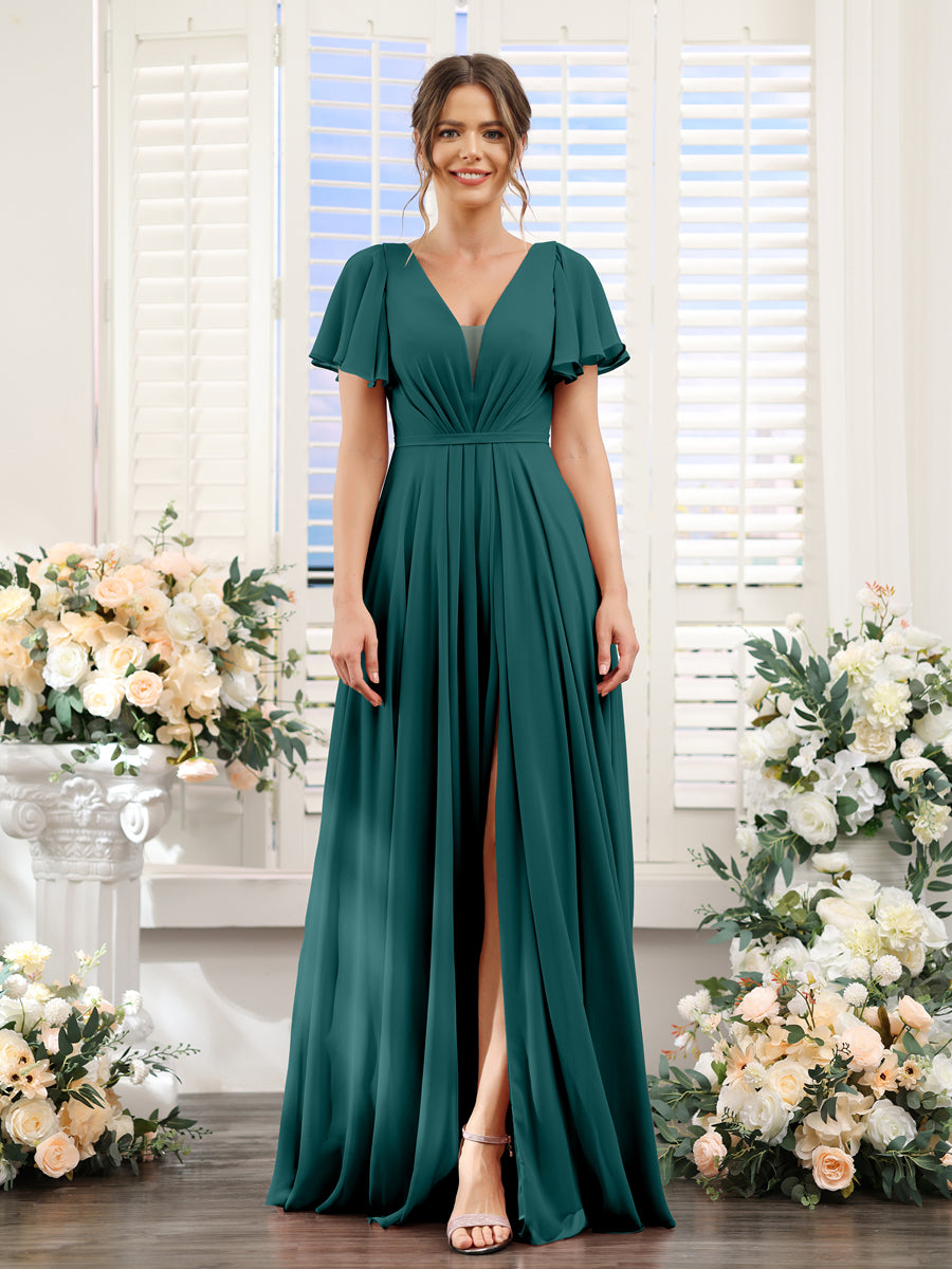 A-Line Deep V-Neck Short Sleeves Split Side Chiffon Bridesmaid Dresses Peacock
