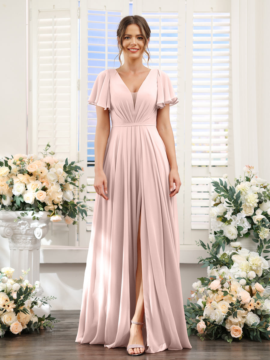 A-Line Deep V-Neck Short Sleeves Split Side Chiffon Bridesmaid Dresses Pearl Pink