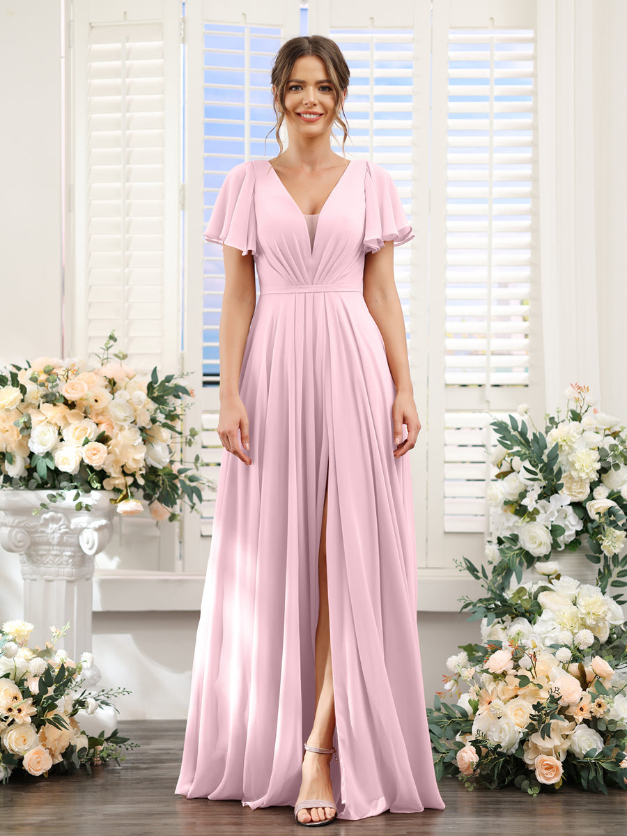 A-Line Deep V-Neck Short Sleeves Split Side Chiffon Bridesmaid Dresses Pink