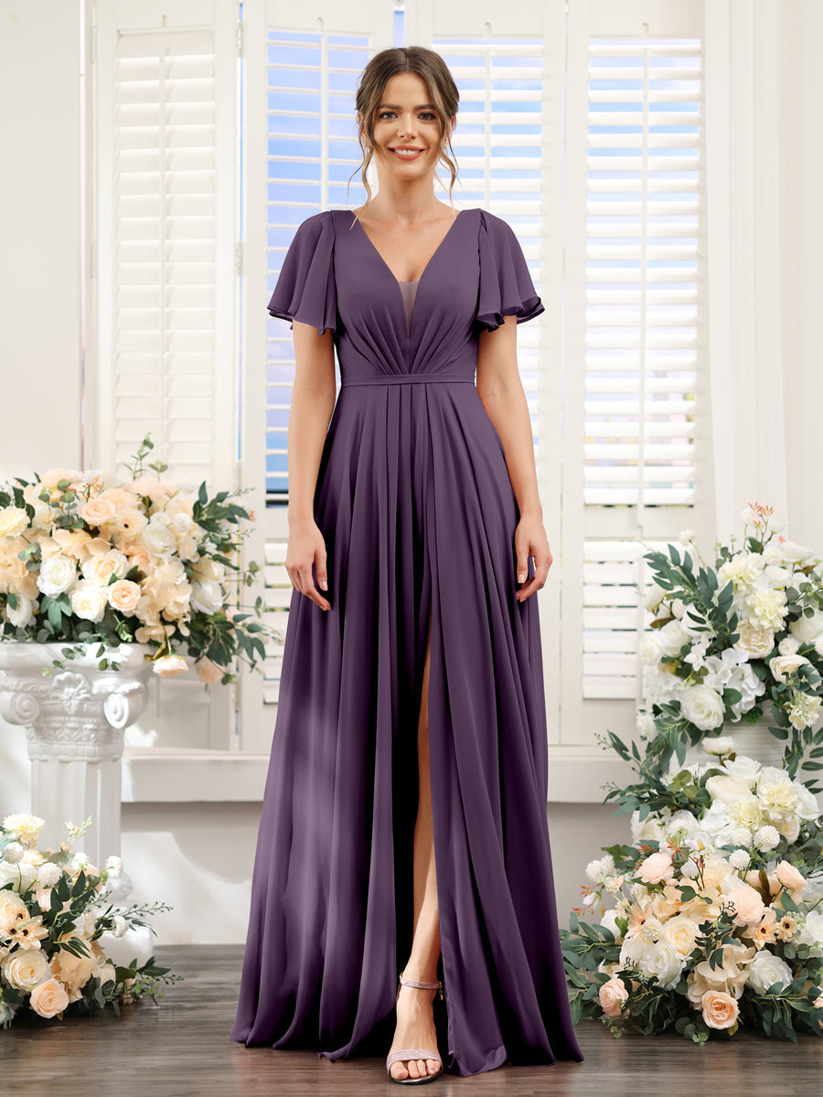 A-Line Deep V-Neck Short Sleeves Split Side Chiffon Bridesmaid Dresses Plum