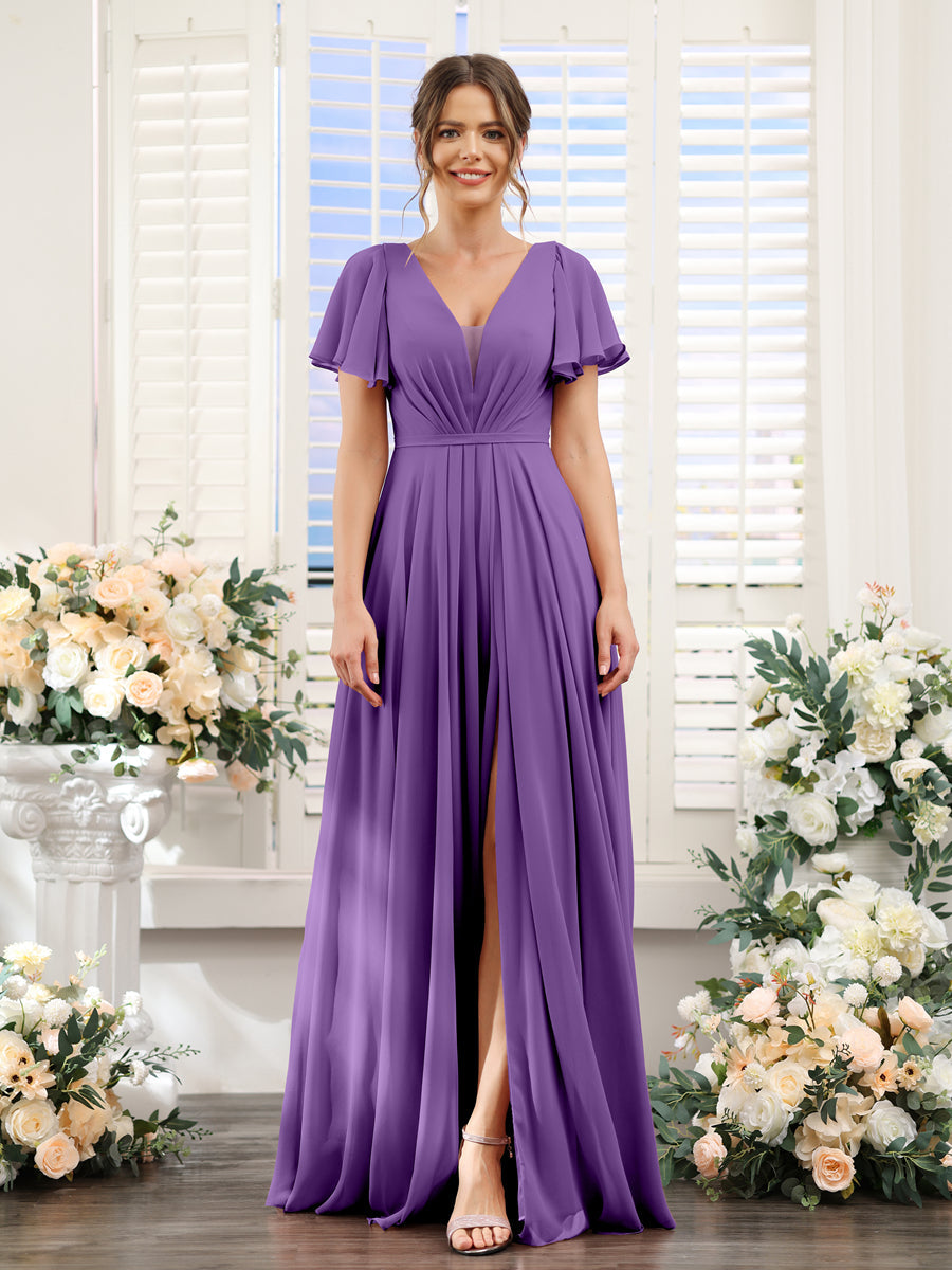 A-Line Deep V-Neck Short Sleeves Split Side Chiffon Bridesmaid Dresses Purple