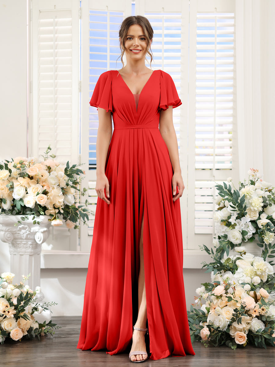 A-Line Deep V-Neck Short Sleeves Split Side Chiffon Bridesmaid Dresses Red
