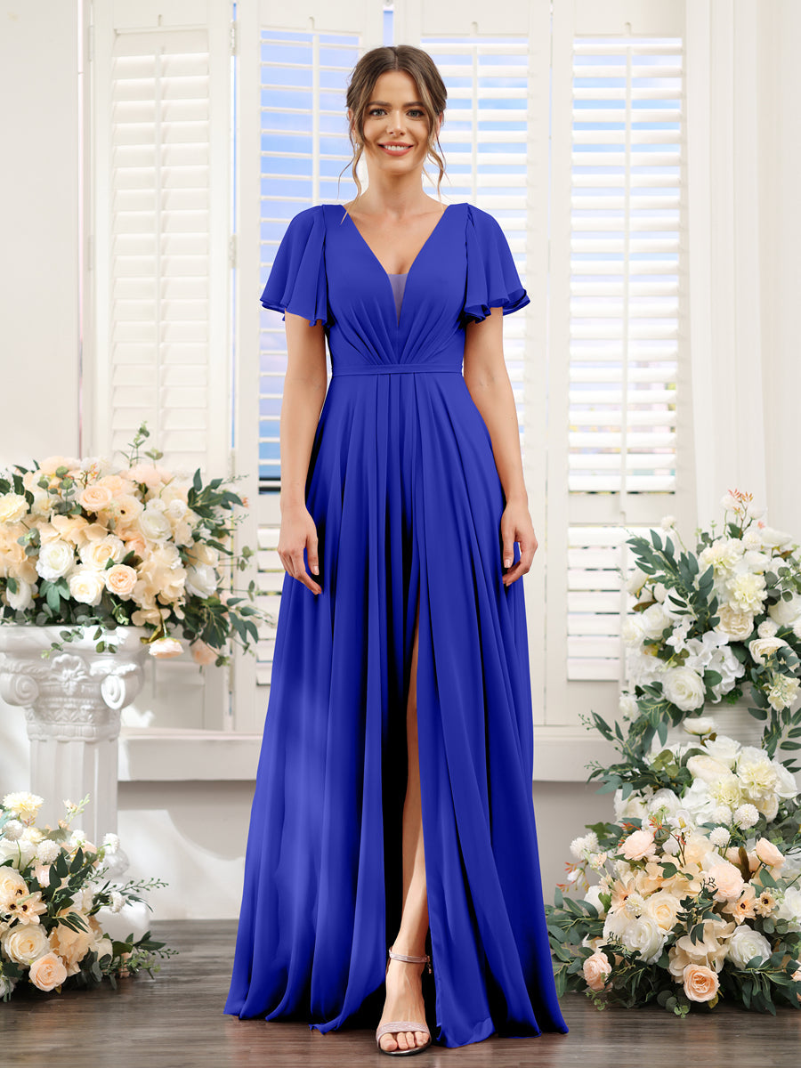 A-Line Deep V-Neck Short Sleeves Split Side Chiffon Bridesmaid Dresses Royal Blue
