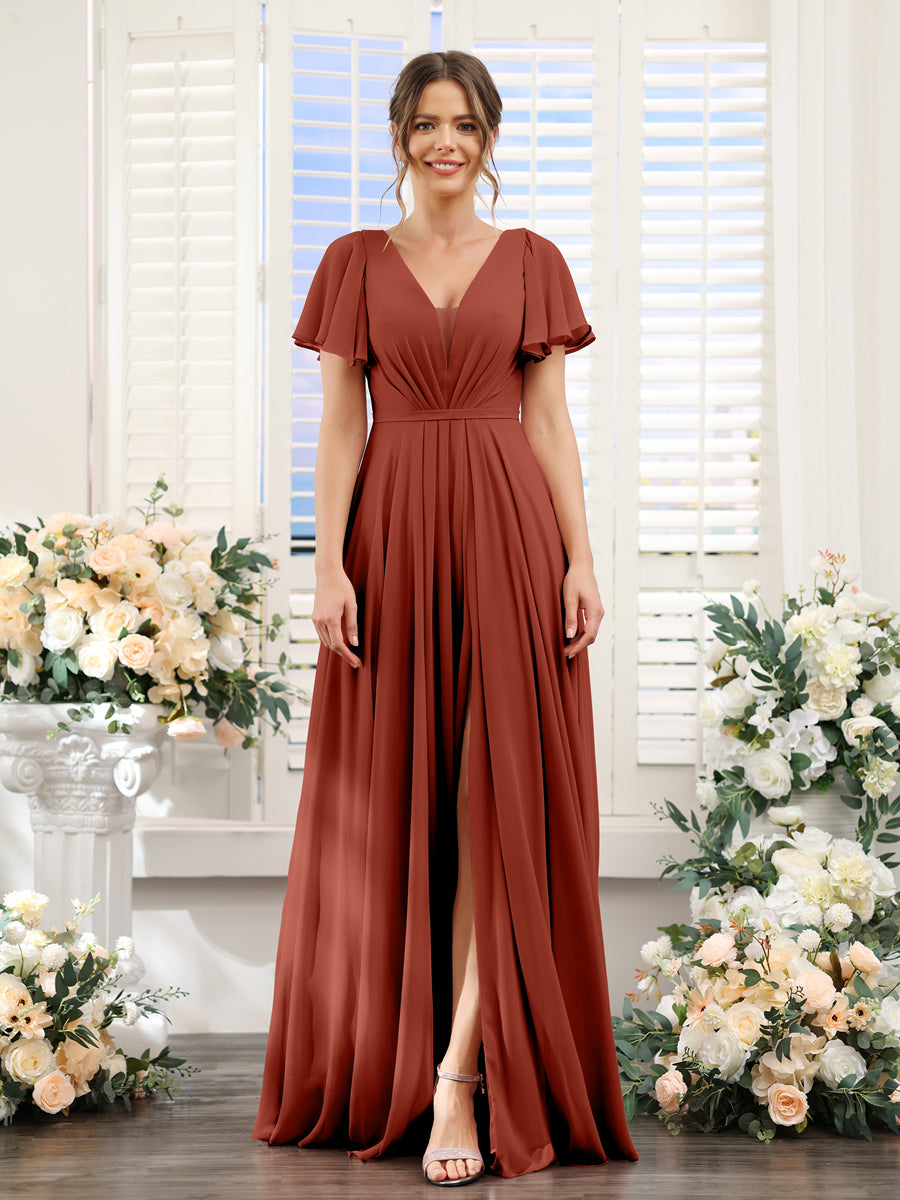 A-Line Deep V-Neck Short Sleeves Split Side Chiffon Bridesmaid Dresses Rust