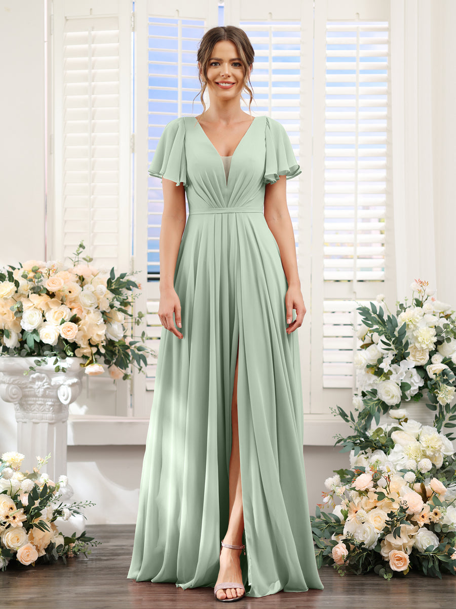 A-Line Deep V-Neck Short Sleeves Split Side Chiffon Bridesmaid Dresses Sage