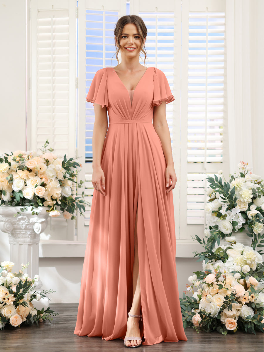 A-Line Deep V-Neck Short Sleeves Split Side Chiffon Bridesmaid Dresses Salmon