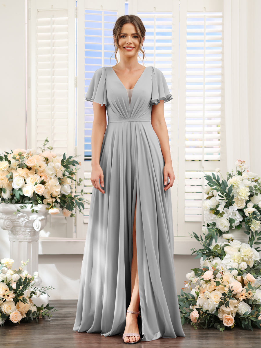 A-Line Deep V-Neck Short Sleeves Split Side Chiffon Bridesmaid Dresses Silver