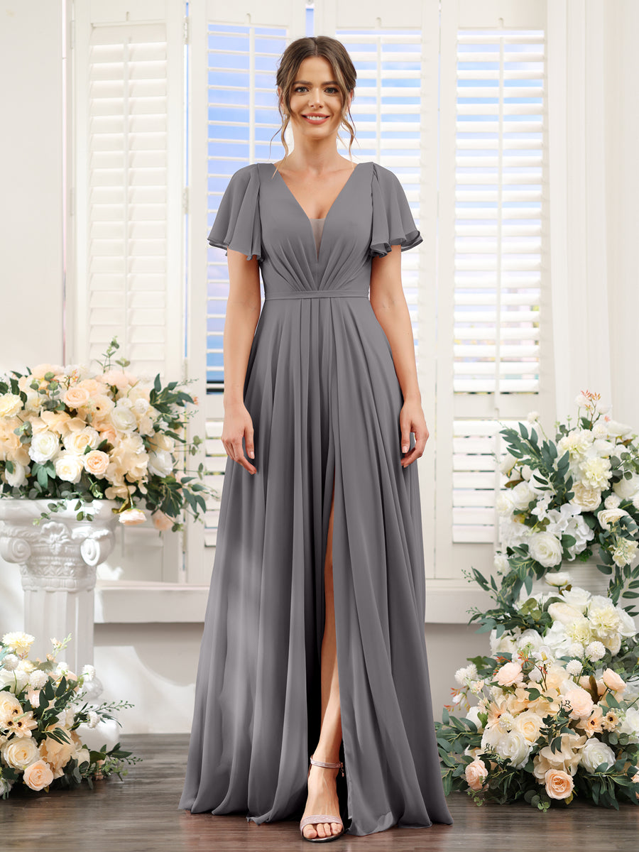 A-Line Deep V-Neck Short Sleeves Split Side Chiffon Bridesmaid Dresses Silver Gray