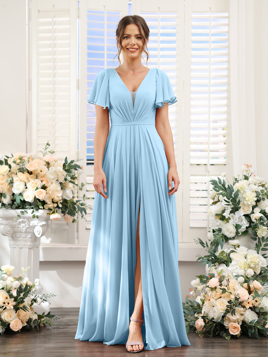 A-Line Deep V-Neck Short Sleeves Split Side Chiffon Bridesmaid Dresses Sky Blue
