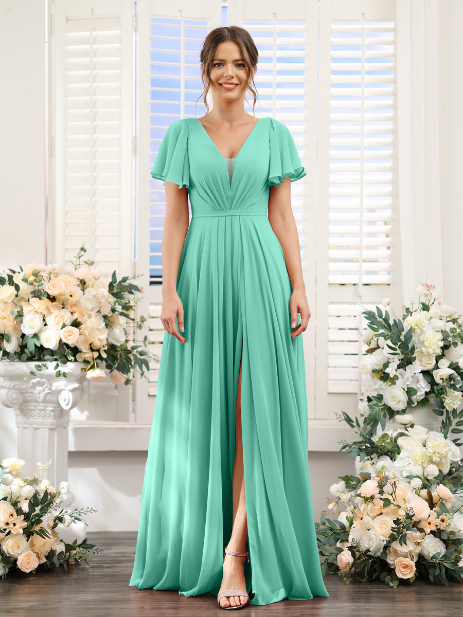 A-Line Deep V-Neck Short Sleeves Split Side Chiffon Bridesmaid Dresses Spa