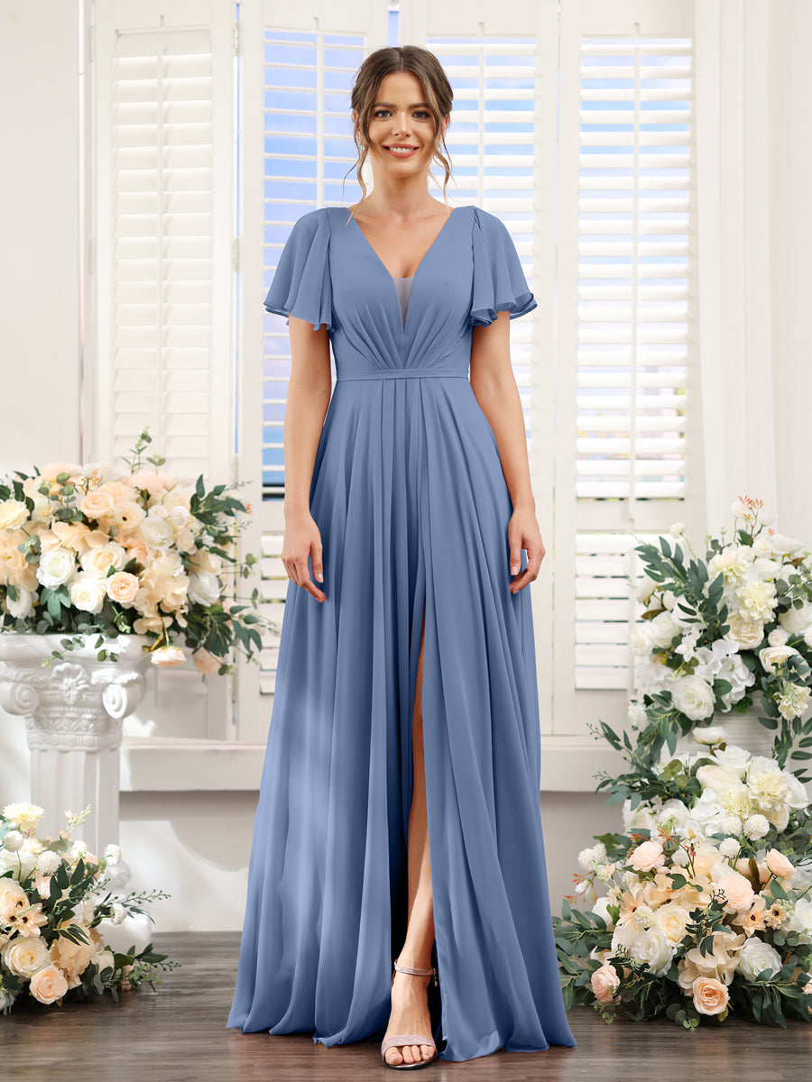 A-Line Deep V-Neck Short Sleeves Split Side Chiffon Bridesmaid Dresses Steel Blue