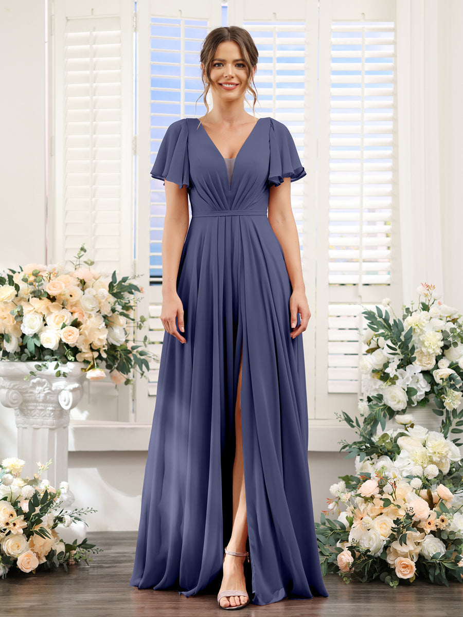 A-Line Deep V-Neck Short Sleeves Split Side Chiffon Bridesmaid Dresses Stormy Blue