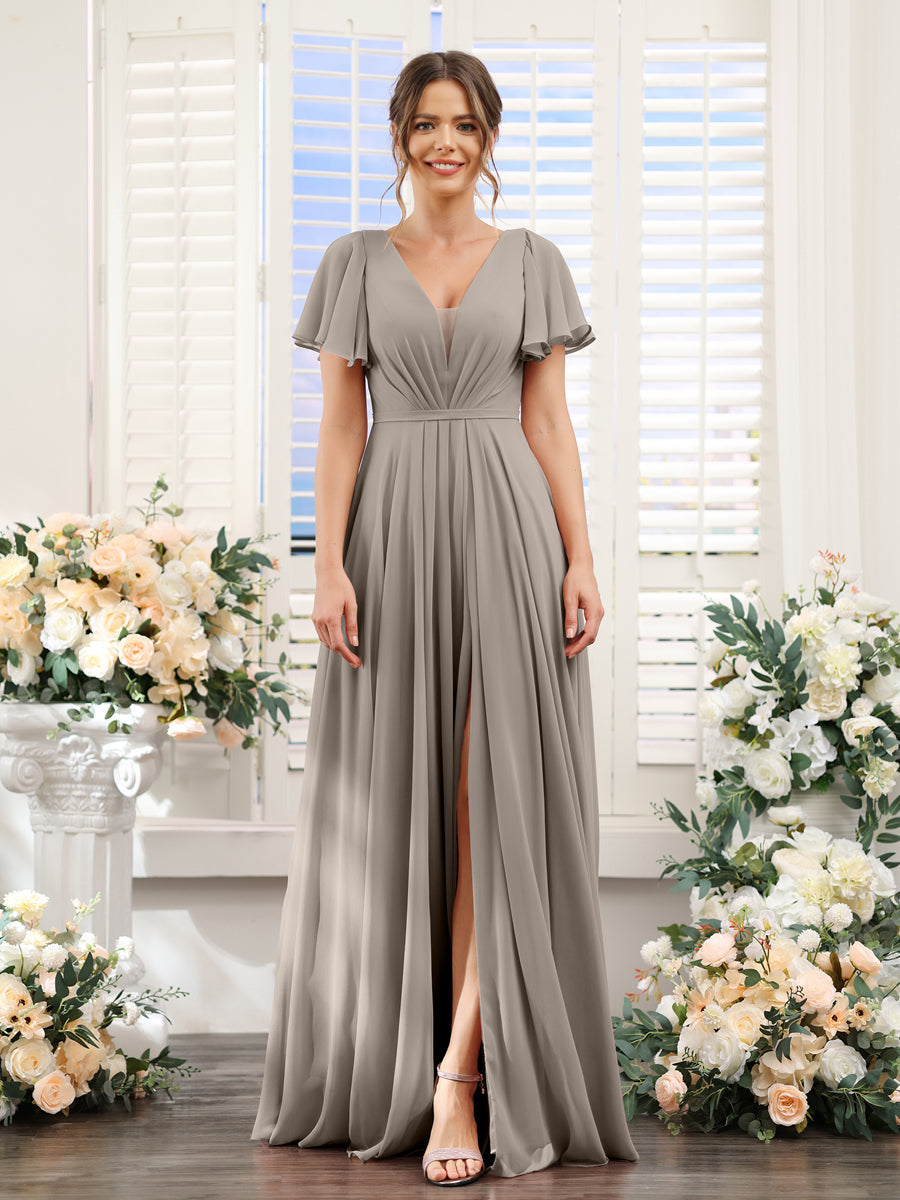 A-Line Deep V-Neck Short Sleeves Split Side Chiffon Bridesmaid Dresses Taupe
