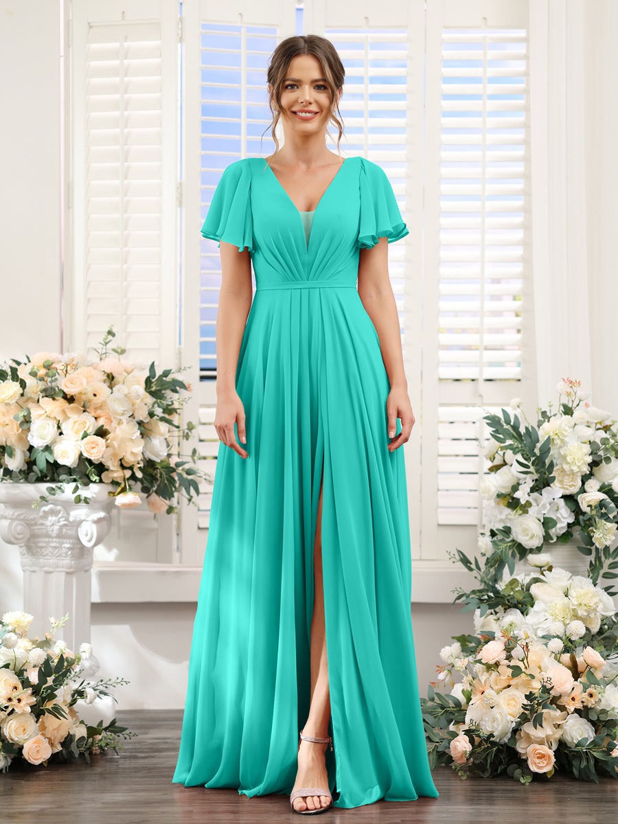 A-Line Deep V-Neck Short Sleeves Split Side Chiffon Bridesmaid Dresses Turquoise