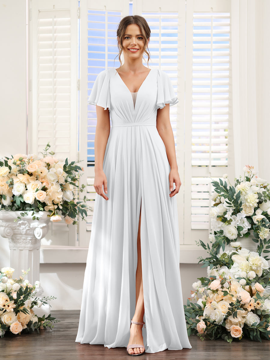 A-Line Deep V-Neck Short Sleeves Split Side Chiffon Bridesmaid Dresses White