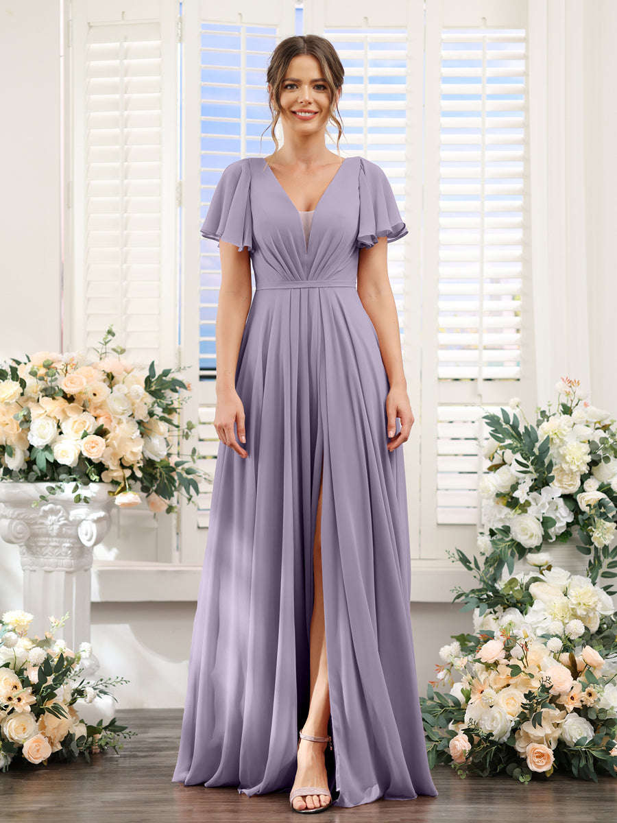 A-Line Deep V-Neck Short Sleeves Split Side Chiffon Bridesmaid Dresses Wisteria
