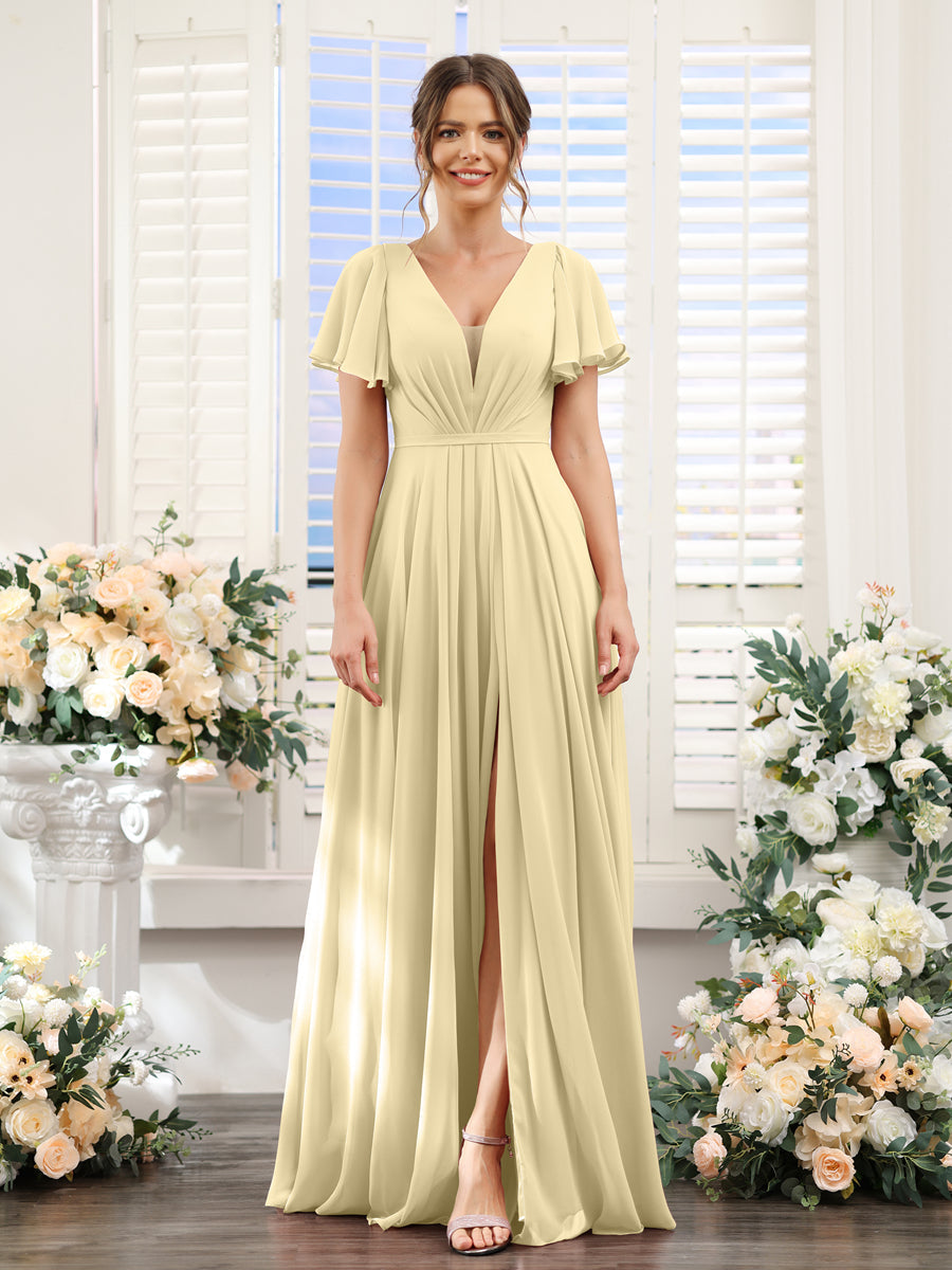 A-Line Deep V-Neck Short Sleeves Split Side Chiffon Bridesmaid Dresses Yellow