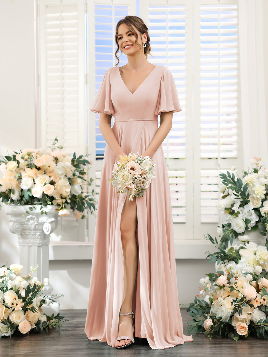 A-Line V-Neck Short Sleeves Split Side Ruffles Chiffon Bridesmaid Dresses Blush Pink