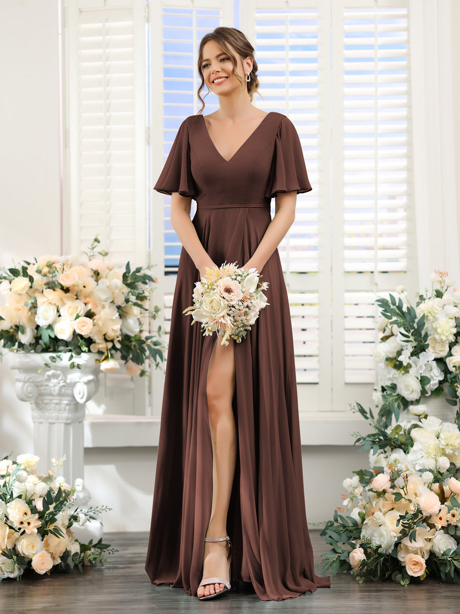 A-Line V-Neck Short Sleeves Split Side Ruffles Chiffon Bridesmaid Dresses Brown