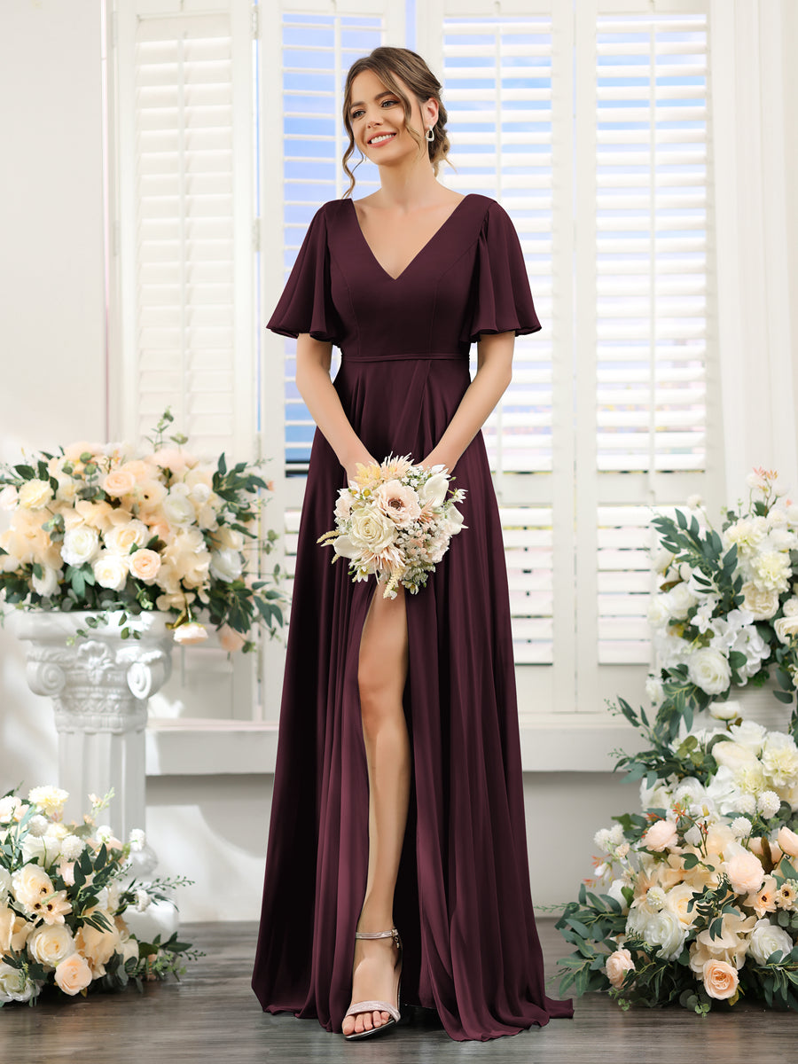 A-Line V-Neck Short Sleeves Split Side Ruffles Chiffon Bridesmaid Dresses Burgundy