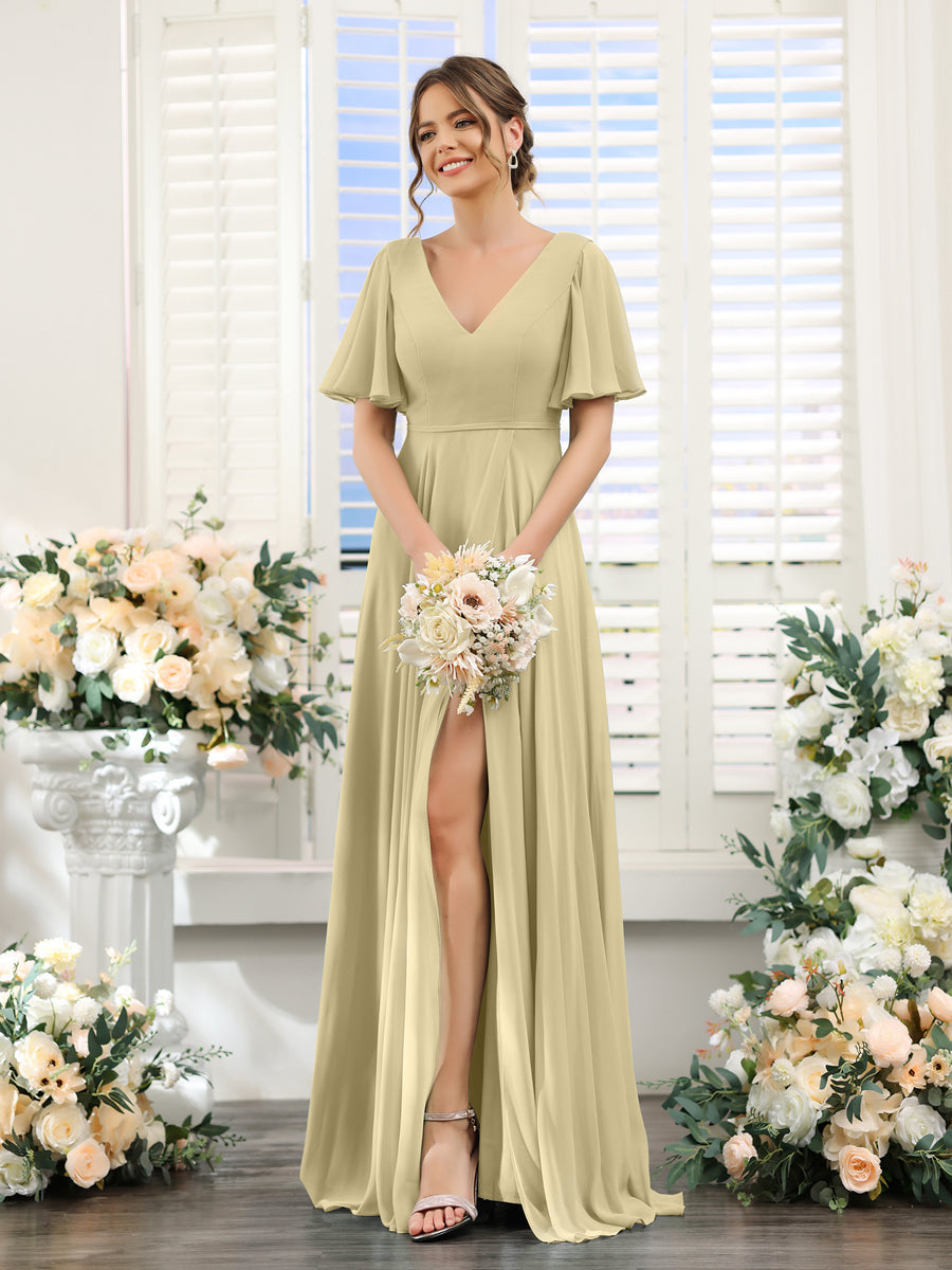 A-Line V-Neck Short Sleeves Split Side Ruffles Chiffon Bridesmaid Dresses Champagne