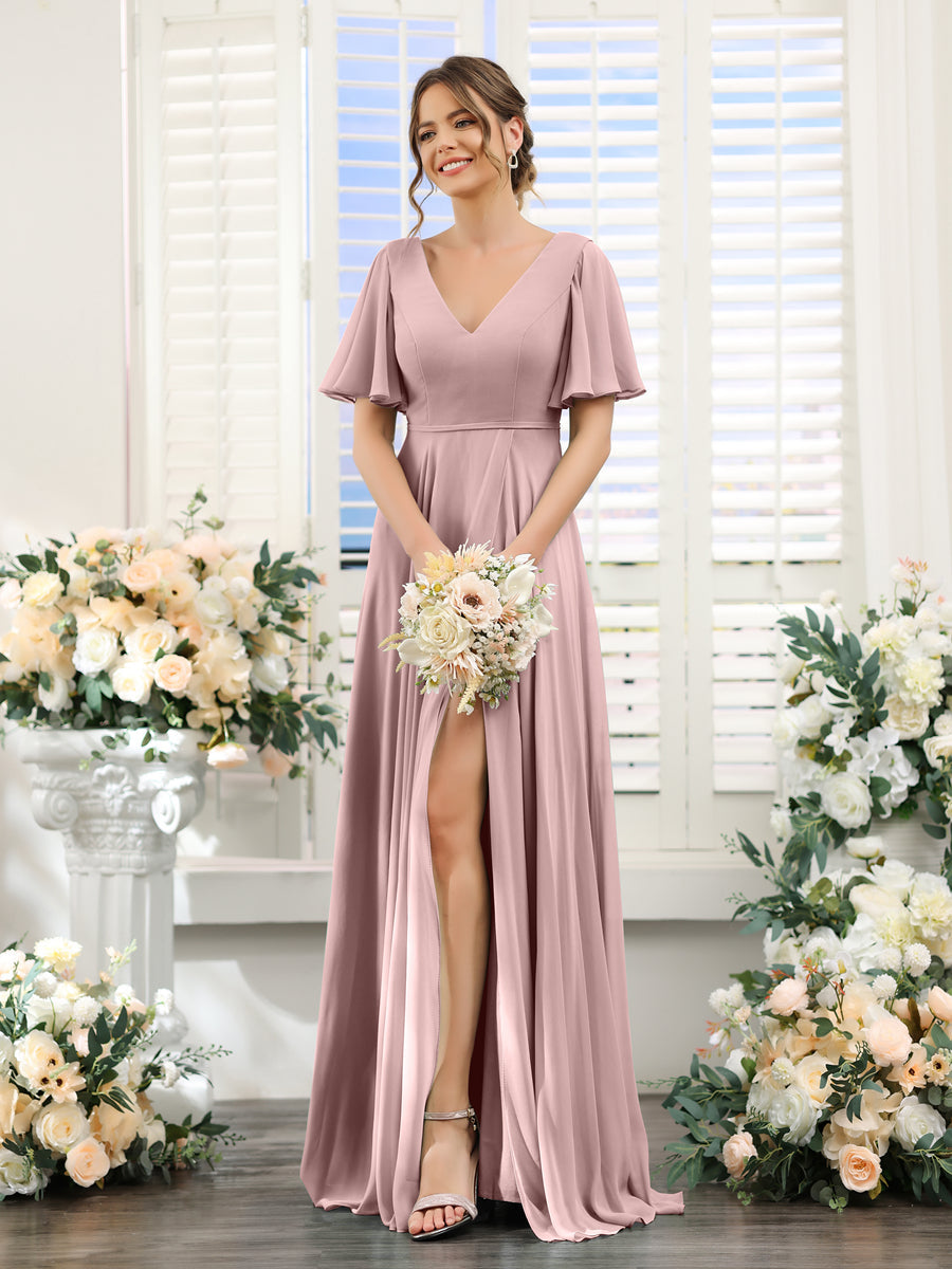 A-Line V-Neck Short Sleeves Split Side Ruffles Chiffon Bridesmaid Dresses Dusty Pink