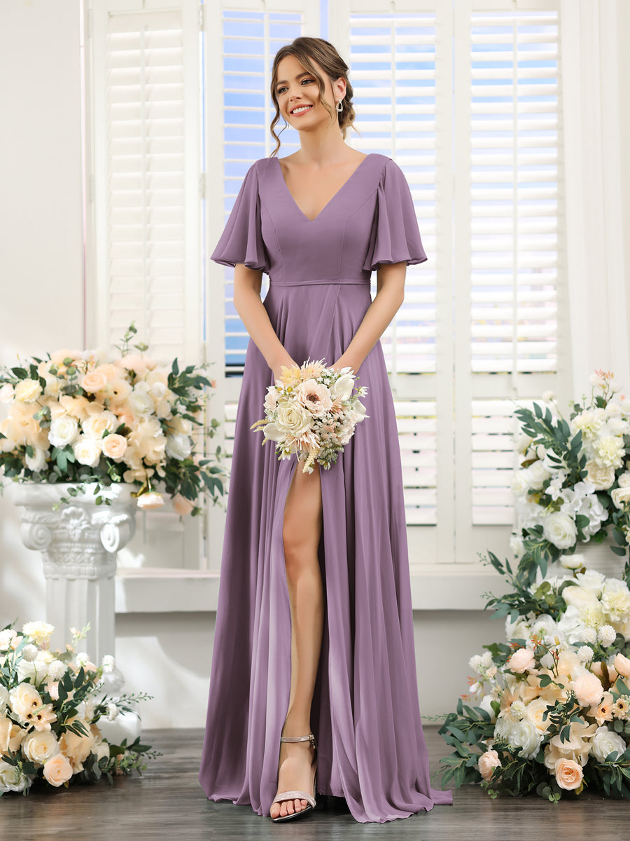 A-Line V-Neck Short Sleeves Split Side Ruffles Chiffon Bridesmaid Dresses Dusty Purple