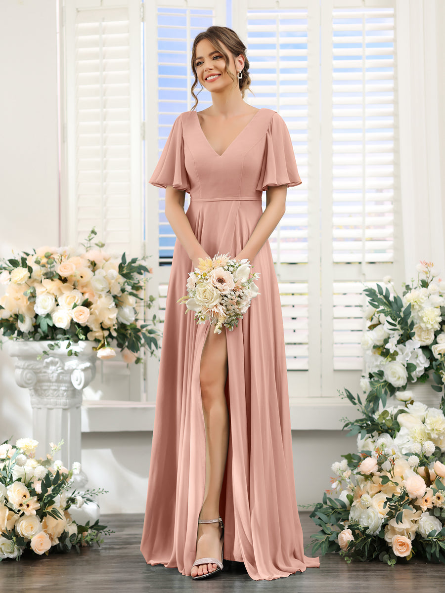 A-Line V-Neck Short Sleeves Split Side Ruffles Chiffon Bridesmaid Dresses Dusty Rose