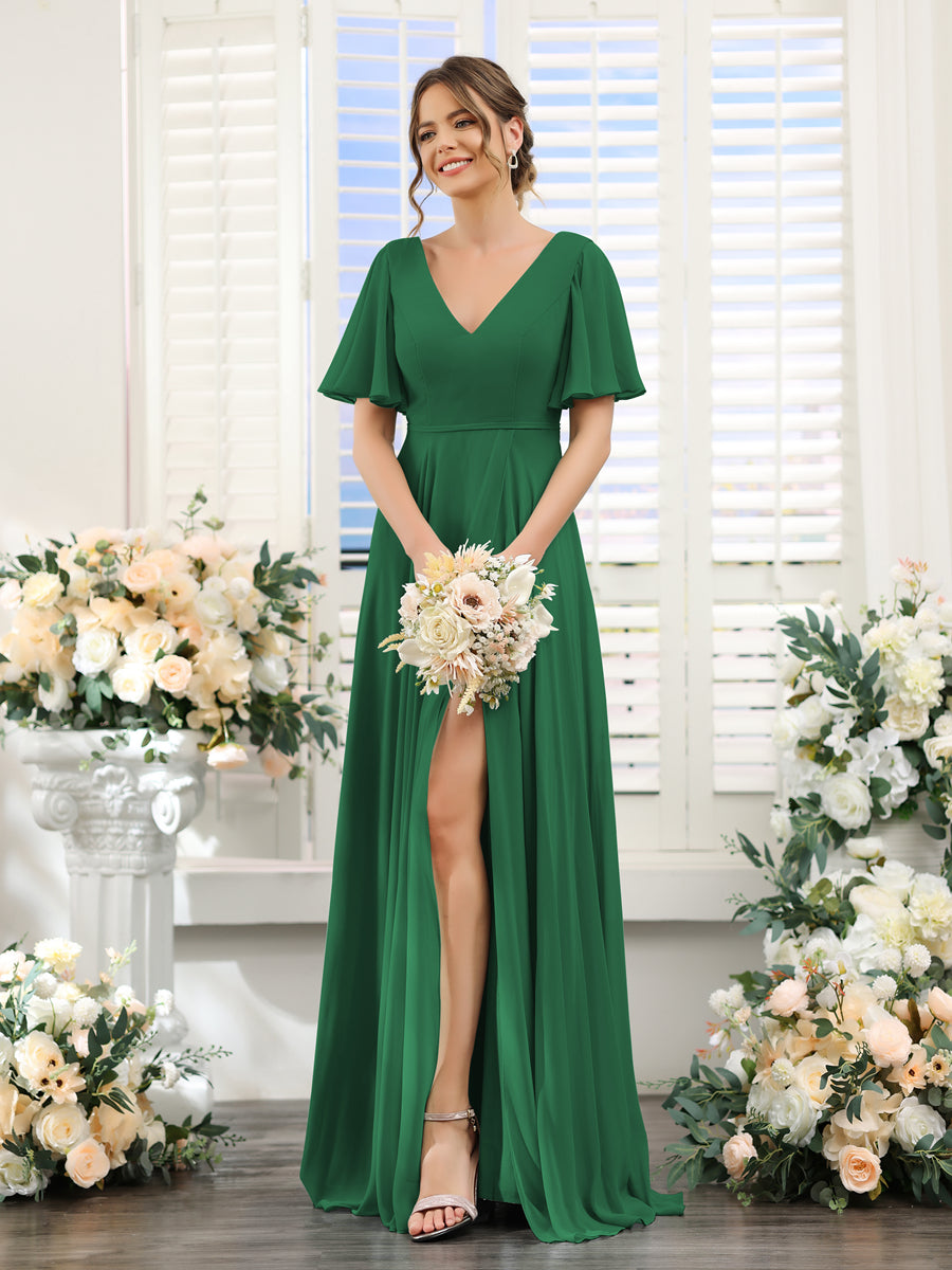 A-Line V-Neck Short Sleeves Split Side Ruffles Chiffon Bridesmaid Dresses Emerald