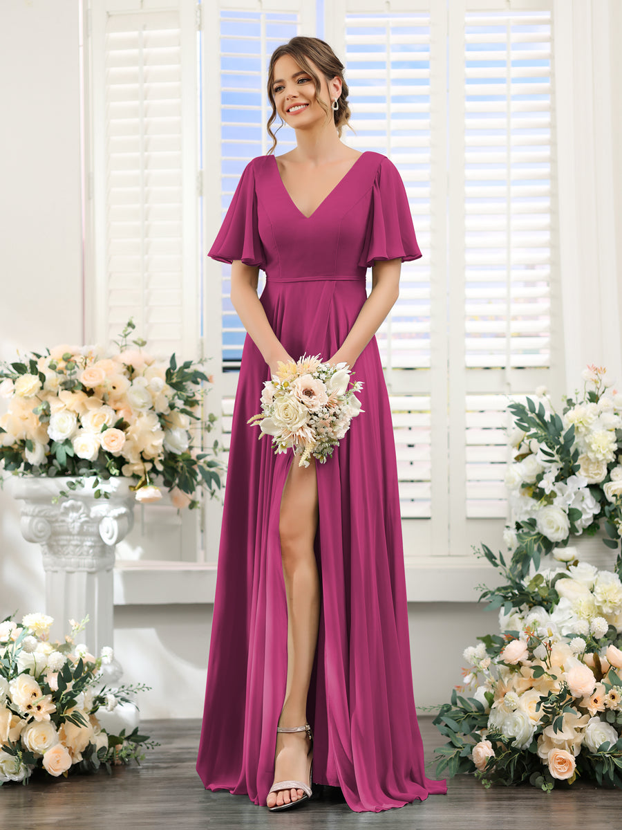 A-Line V-Neck Short Sleeves Split Side Ruffles Chiffon Bridesmaid Dresses Fuchsia