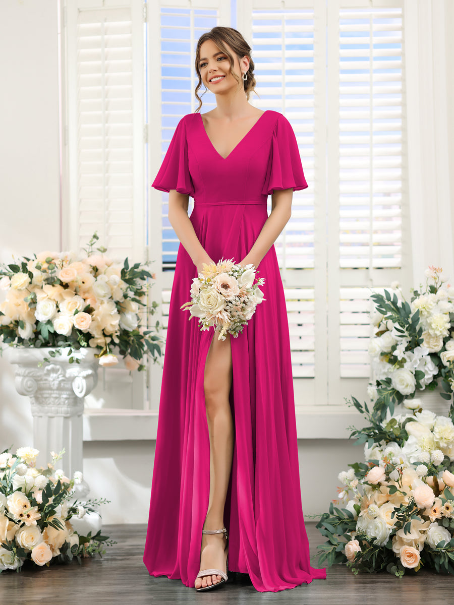 A-Line V-Neck Short Sleeves Split Side Ruffles Chiffon Bridesmaid Dresses Fuchsia Pink