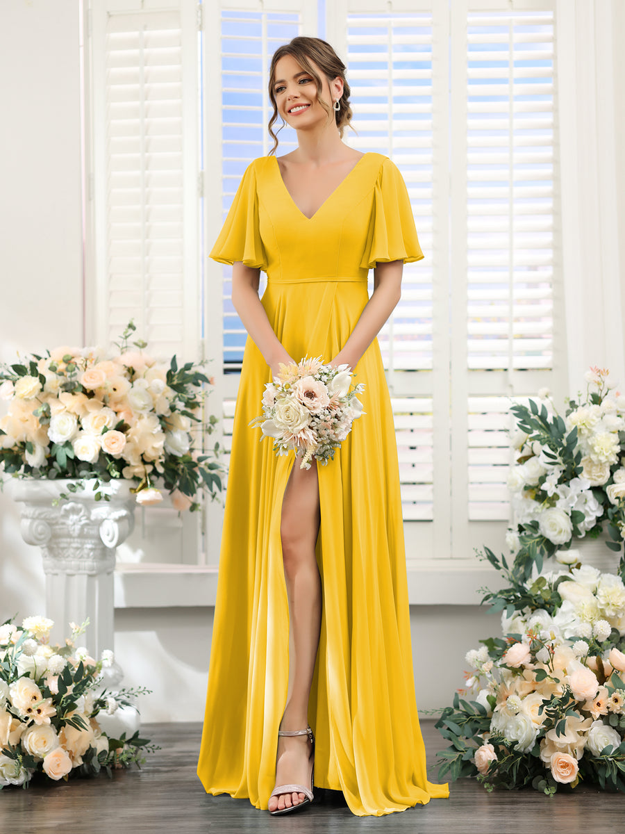 A-Line V-Neck Short Sleeves Split Side Ruffles Chiffon Bridesmaid Dresses Gold