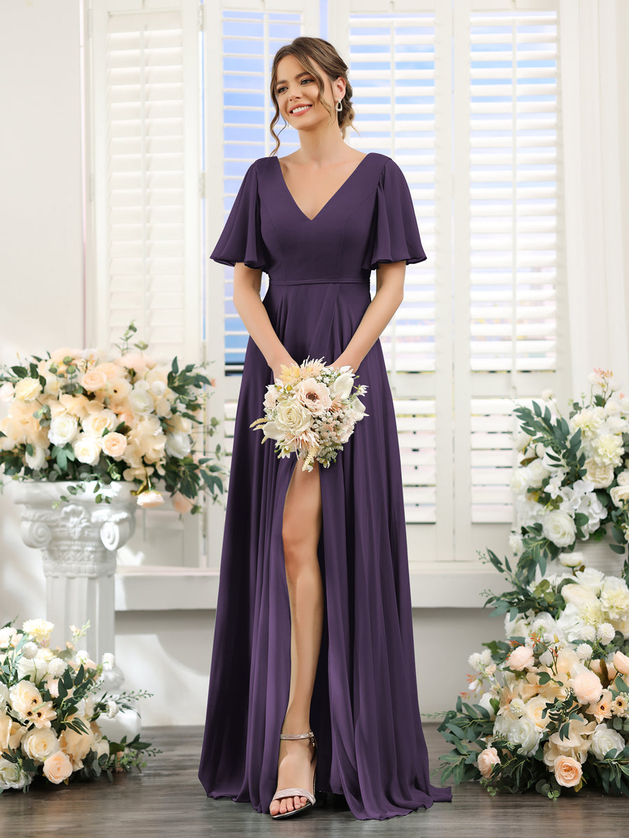 A-Line V-Neck Short Sleeves Split Side Ruffles Chiffon Bridesmaid Dresses Grape