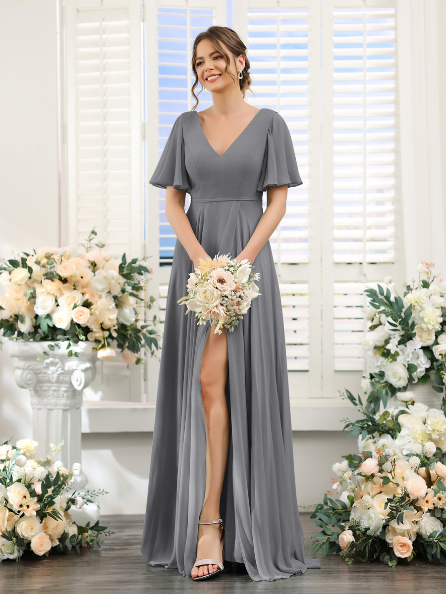 A-Line V-Neck Short Sleeves Split Side Ruffles Chiffon Bridesmaid Dresses Gray