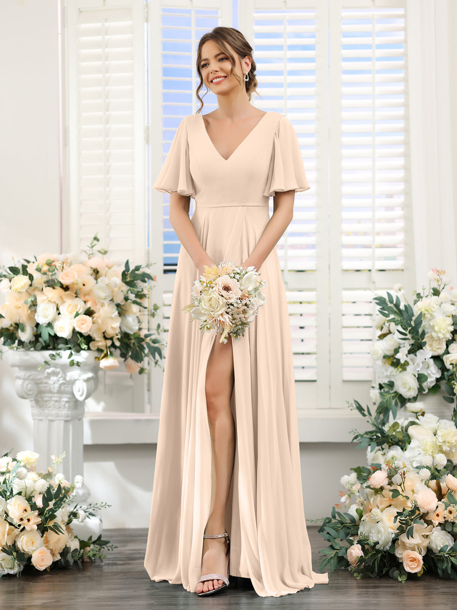 A-Line V-Neck Short Sleeves Split Side Ruffles Chiffon Bridesmaid Dresses Light Champagne