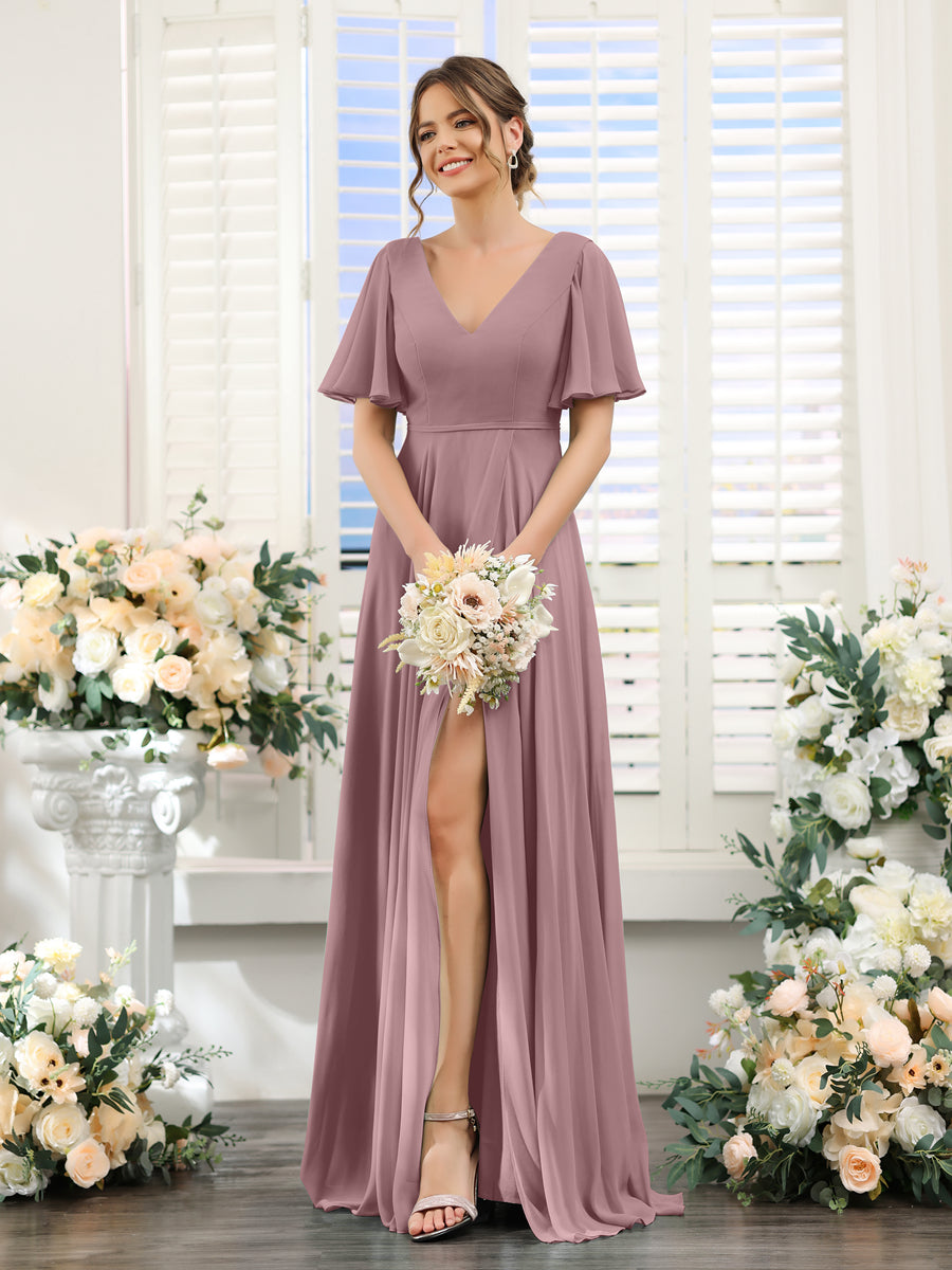 A-Line V-Neck Short Sleeves Split Side Ruffles Chiffon Bridesmaid Dresses Mauve