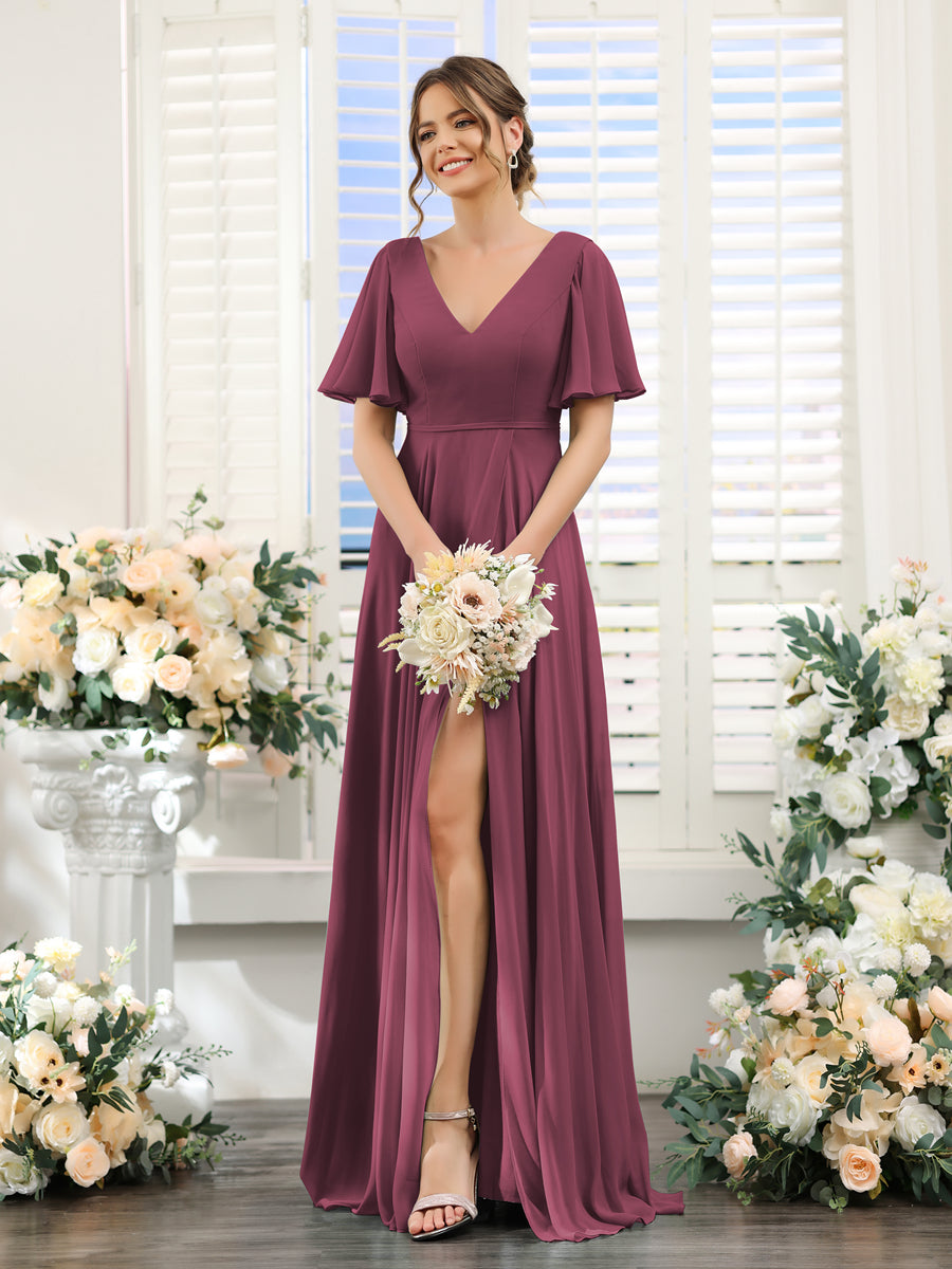A-Line V-Neck Short Sleeves Split Side Ruffles Chiffon Bridesmaid Dresses Mulberry