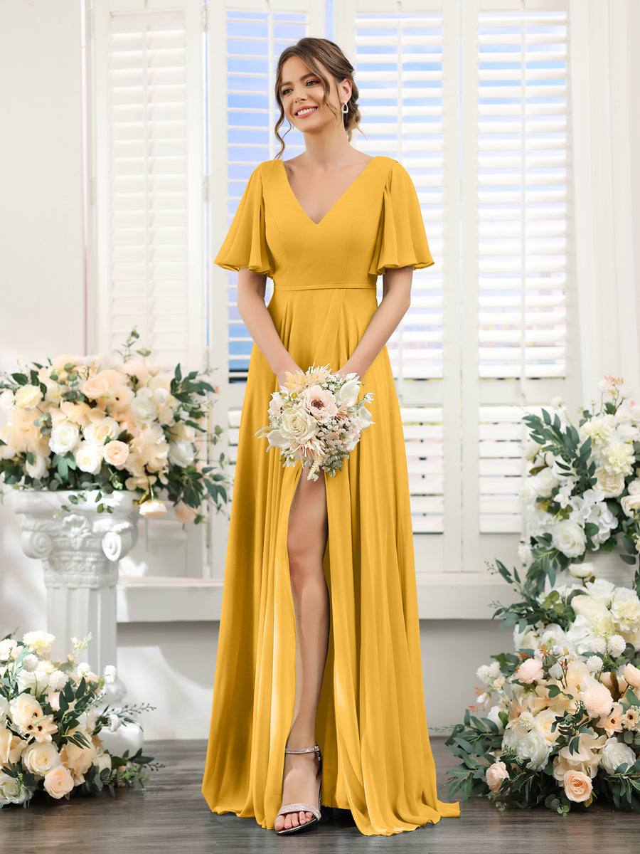 A-Line V-Neck Short Sleeves Split Side Ruffles Chiffon Bridesmaid Dresses Mustard Yellow