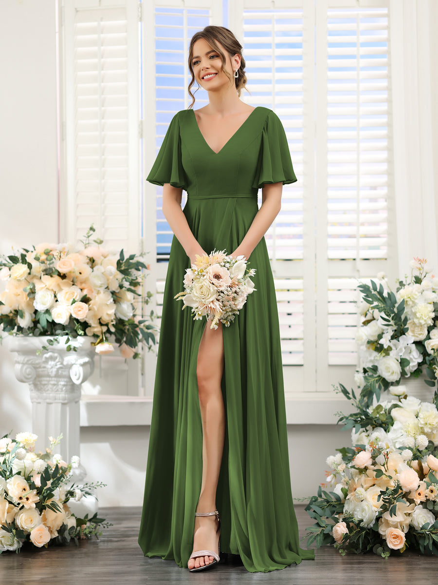 A-Line V-Neck Short Sleeves Split Side Ruffles Chiffon Bridesmaid Dresses Olive Green