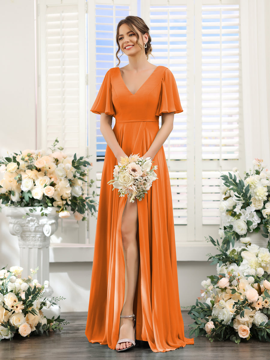 A-Line V-Neck Short Sleeves Split Side Ruffles Chiffon Bridesmaid Dresses Orange