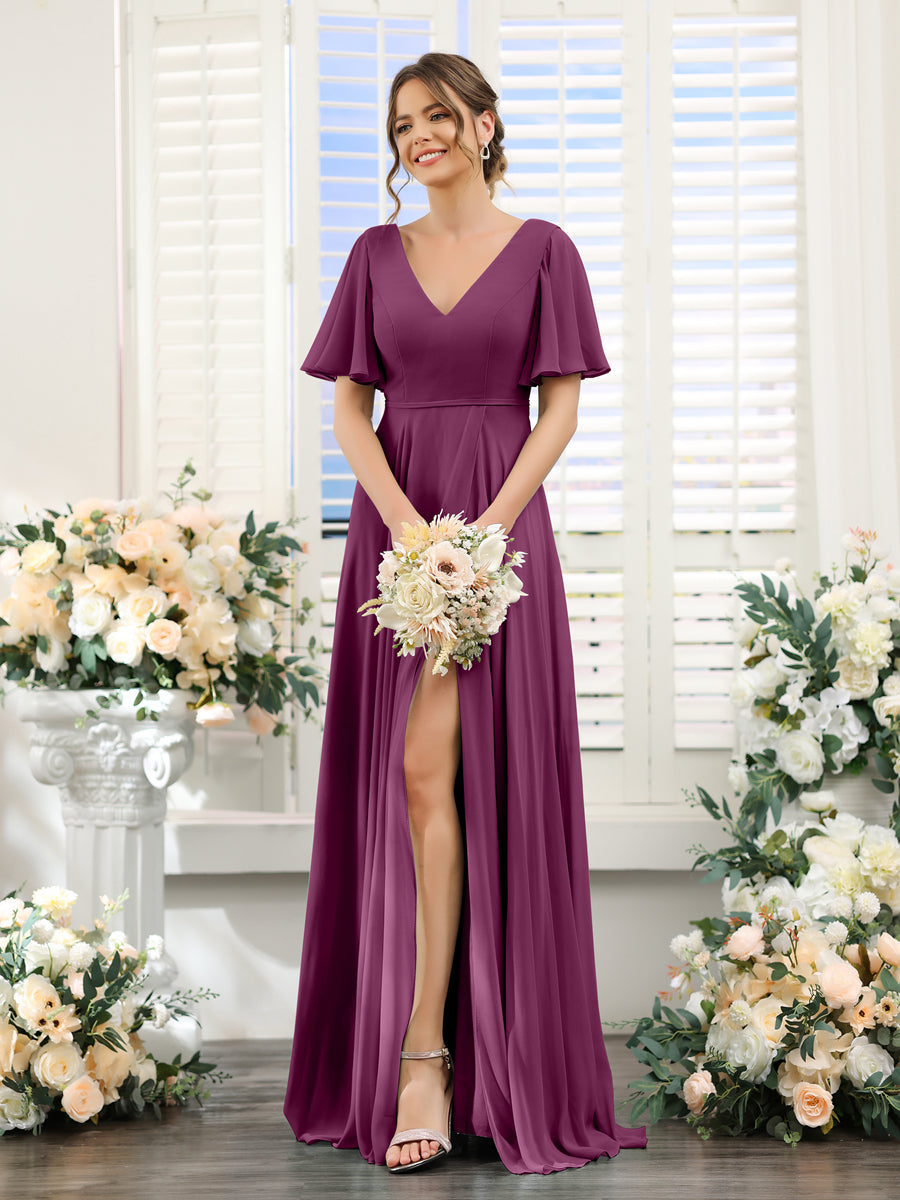 A-Line V-Neck Short Sleeves Split Side Ruffles Chiffon Bridesmaid Dresses Orchid