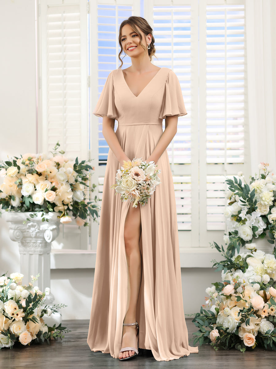 A-Line V-Neck Short Sleeves Split Side Ruffles Chiffon Bridesmaid Dresses Peach Pink