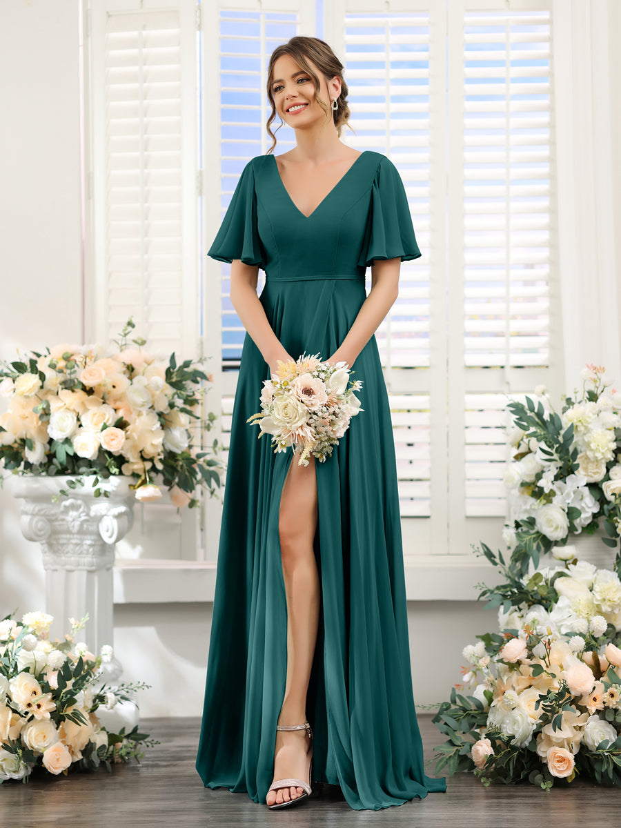 A-Line V-Neck Short Sleeves Split Side Ruffles Chiffon Bridesmaid Dresses Peacock