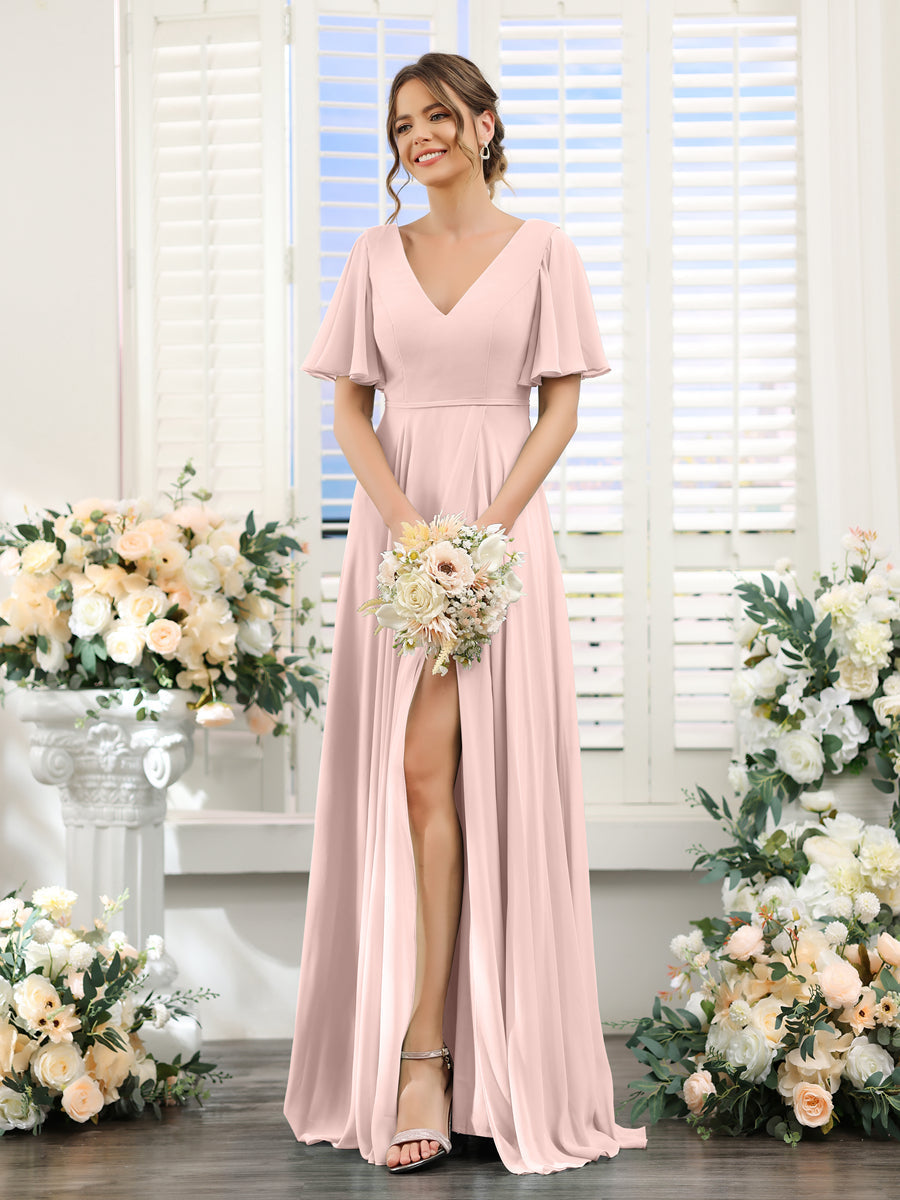 A-Line V-Neck Short Sleeves Split Side Ruffles Chiffon Bridesmaid Dresses Pearl Pink
