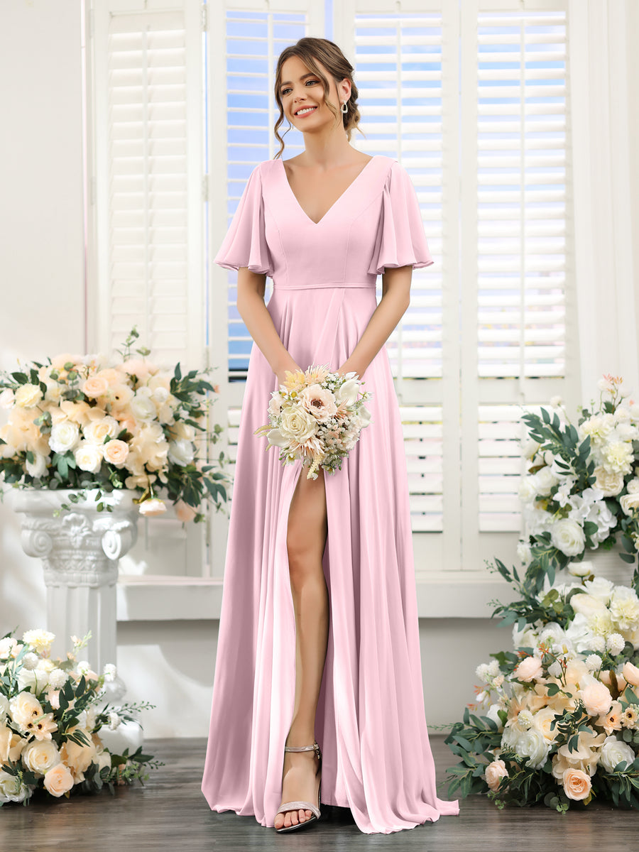 A-Line V-Neck Short Sleeves Split Side Ruffles Chiffon Bridesmaid Dresses Pink
