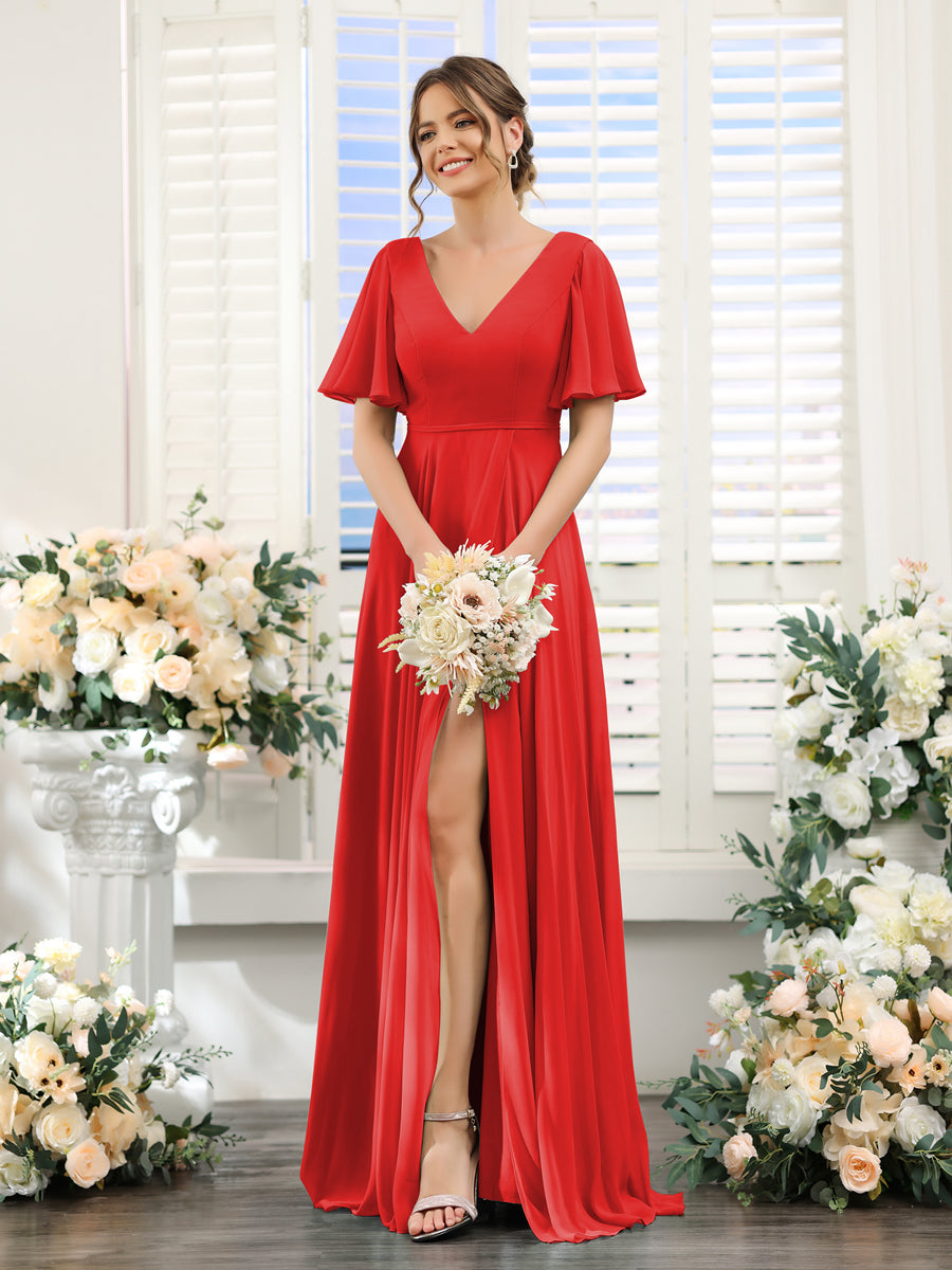 A-Line V-Neck Short Sleeves Split Side Ruffles Chiffon Bridesmaid Dresses Red