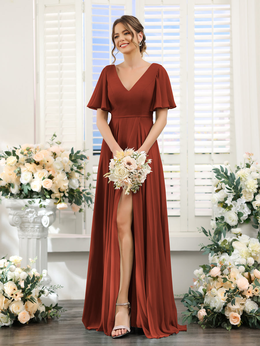 A-Line V-Neck Short Sleeves Split Side Ruffles Chiffon Bridesmaid Dresses Rust