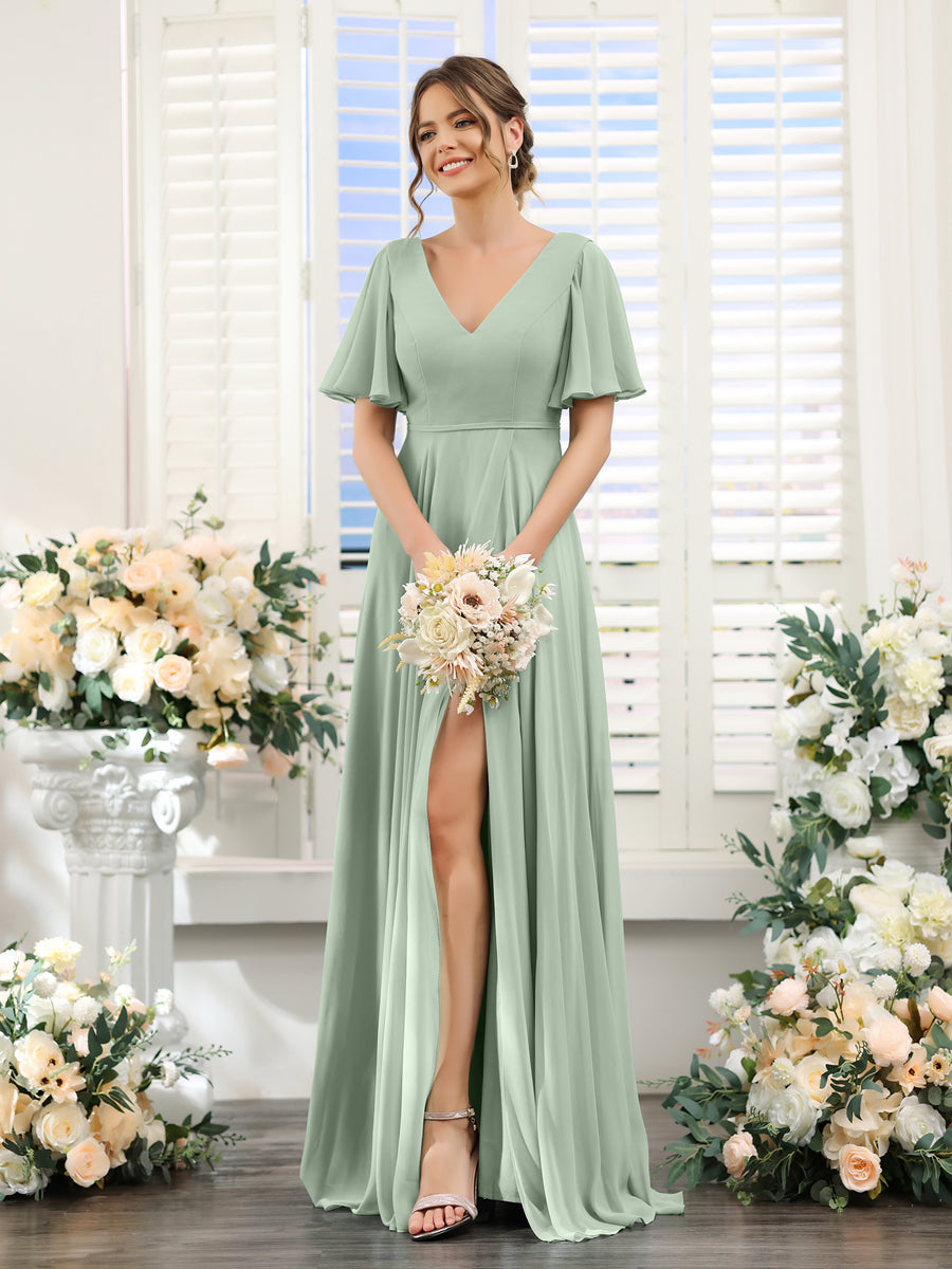 A-Line V-Neck Short Sleeves Split Side Ruffles Chiffon Bridesmaid Dresses Sage