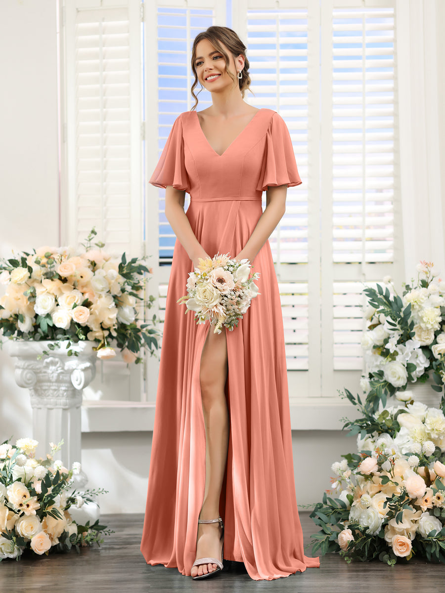 A-Line V-Neck Short Sleeves Split Side Ruffles Chiffon Bridesmaid Dresses Salmon